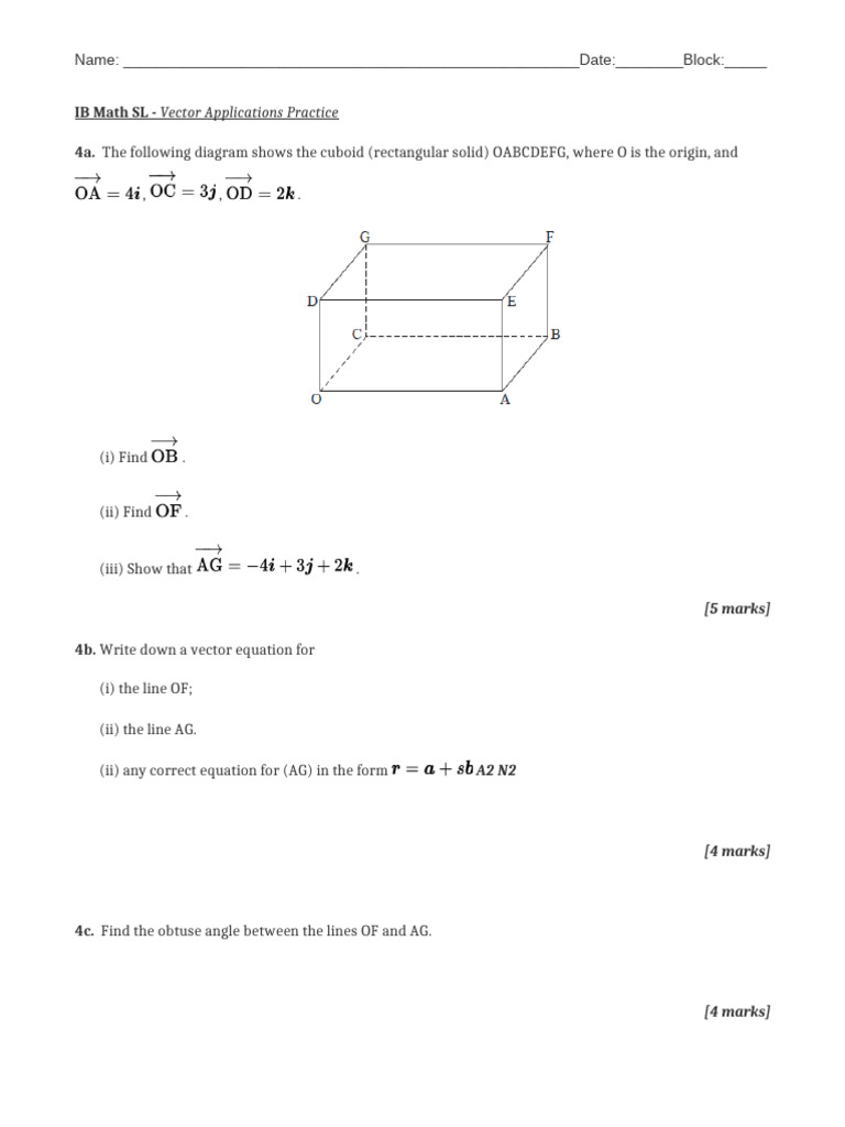 IB Math SL Vector Applications Practice | PDF | Perpendicular ...