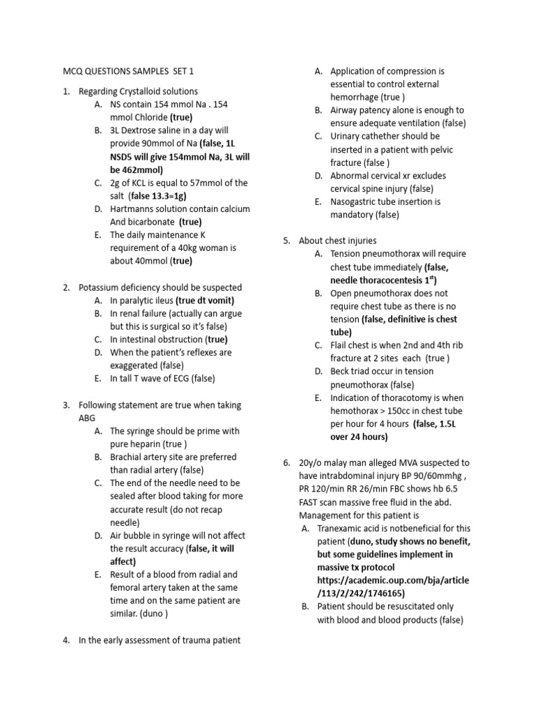 Medical MCQ Questions Sample Set 1 | PDF | Shock (Circulatory) | Burn