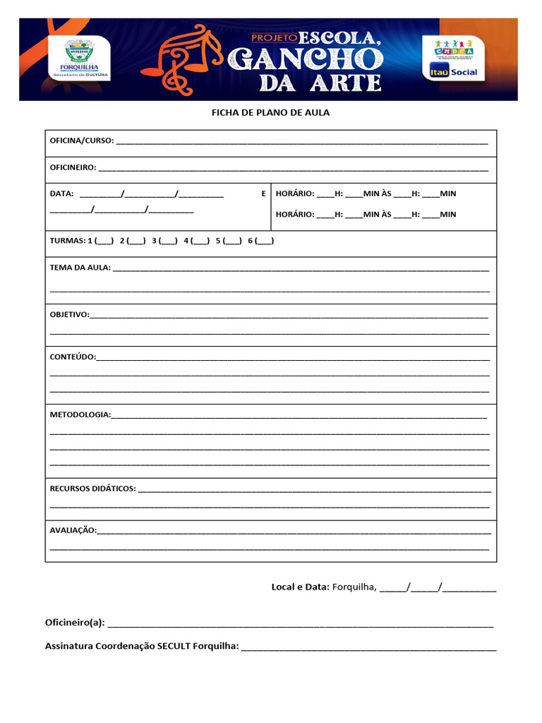 Ficha de Plano de Aula para Oficinas | PDF
