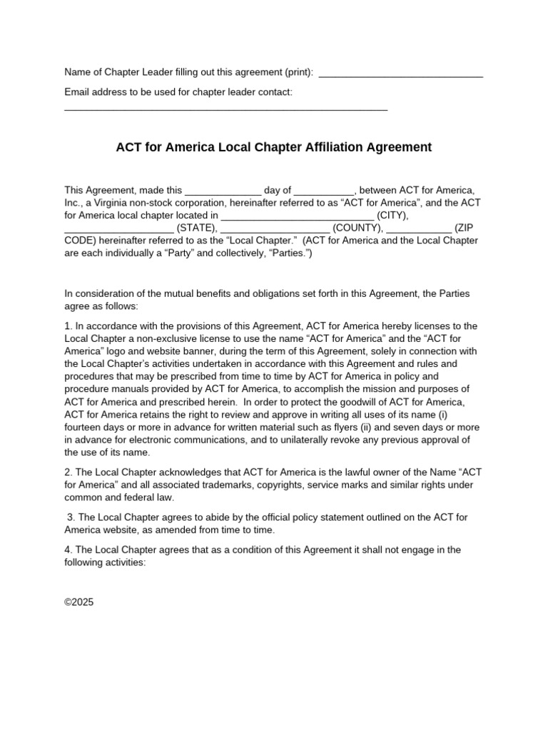 ACT for America Chapter Agreement | PDF | Indemnity | Justice