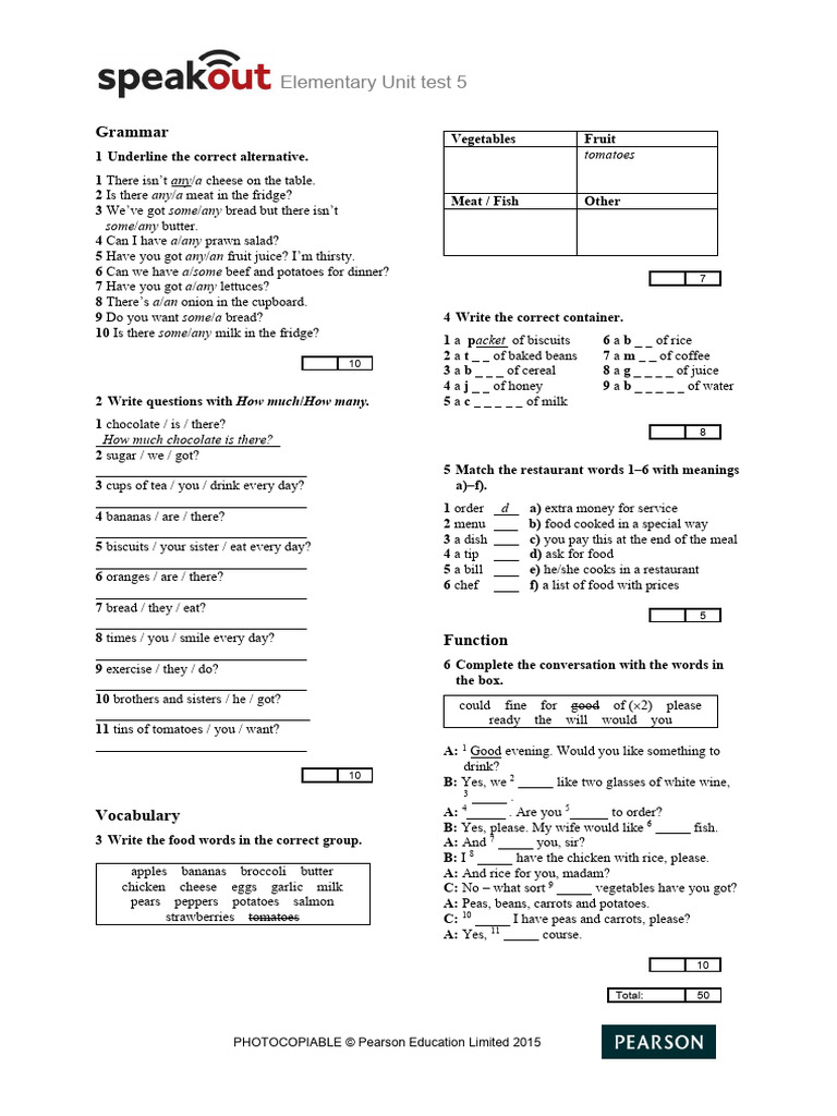 Elementary Unit Test 5: Grammar & Vocabulary | PDF | Foods | Meal