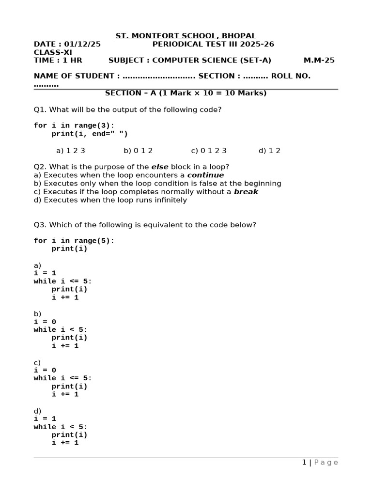 Computer Science Test for Class XI | PDF | Control Flow | String ...