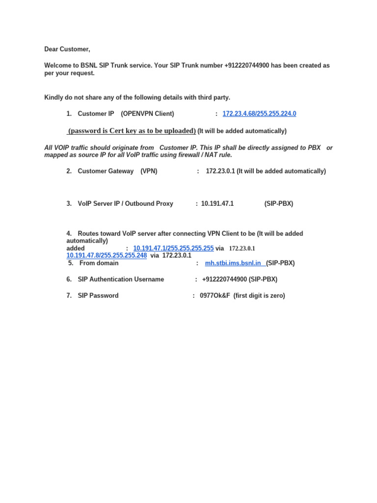 BSNL SIP Trunk Service Details | PDF