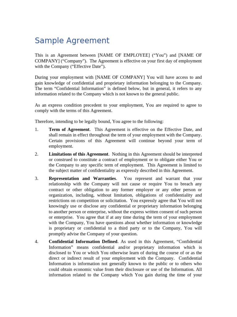 Sample Agreement | PDF | Trade Secret | Information