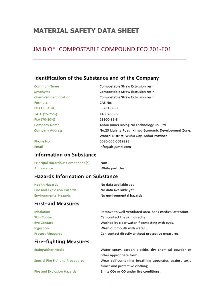 JM Bio Compostable Compound MSDS | PDF | Hazards | Water