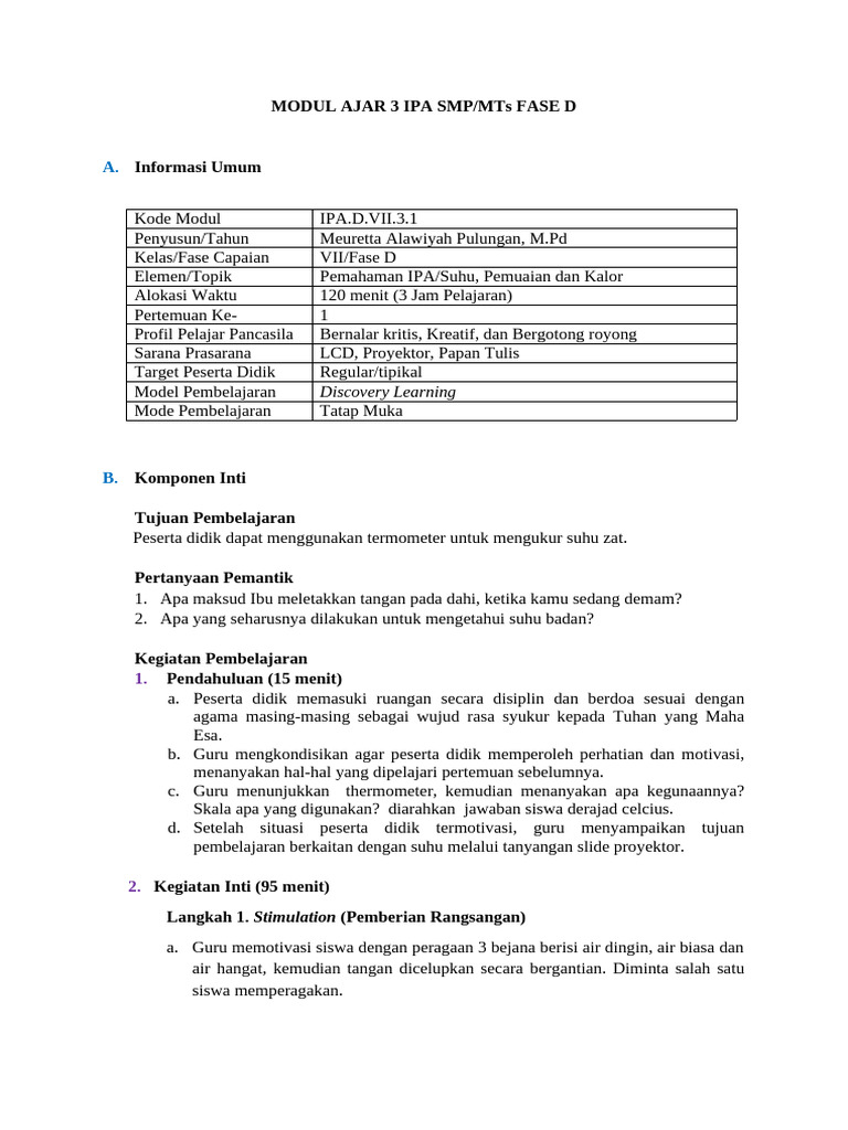 Modul Ajar Suhu dan Termometer IPA SMP | PDF