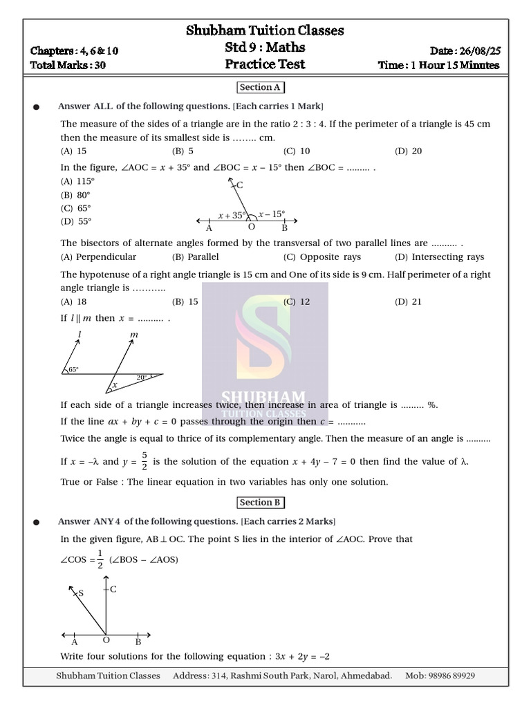 Std 9 Maths Practice Test Guide | PDF | Triangle | Area