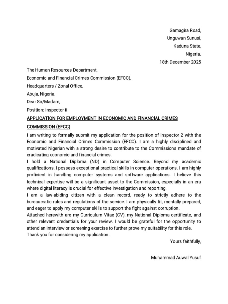 Application for EFCC Inspector II Position | PDF
