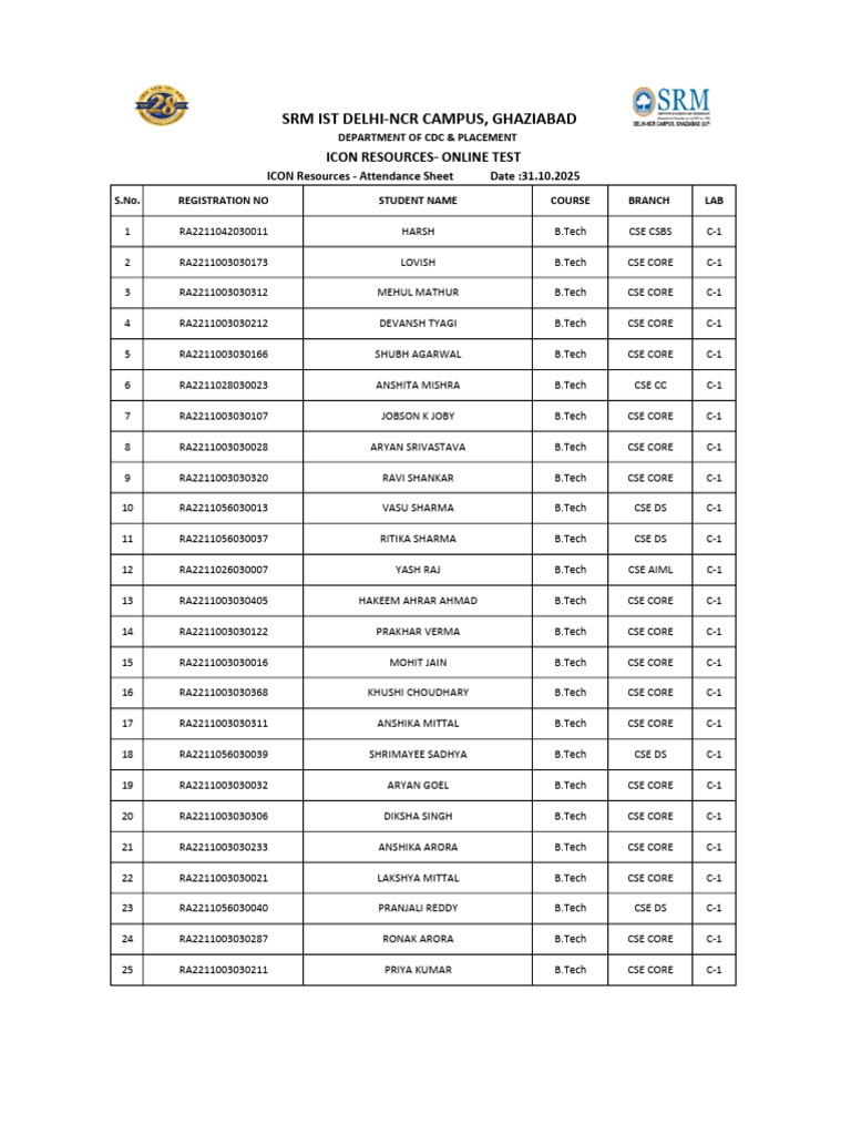 B.Tech CSE Student Registration List | PDF