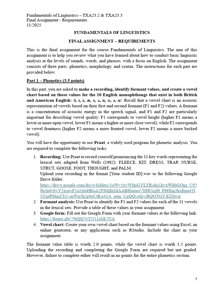 Linguistics Final Assignment Guide | PDF | Vowel | Word