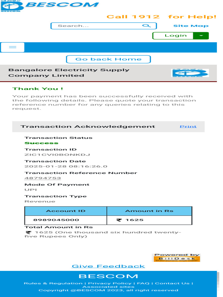 BESCOM Payment Confirmation Details | PDF