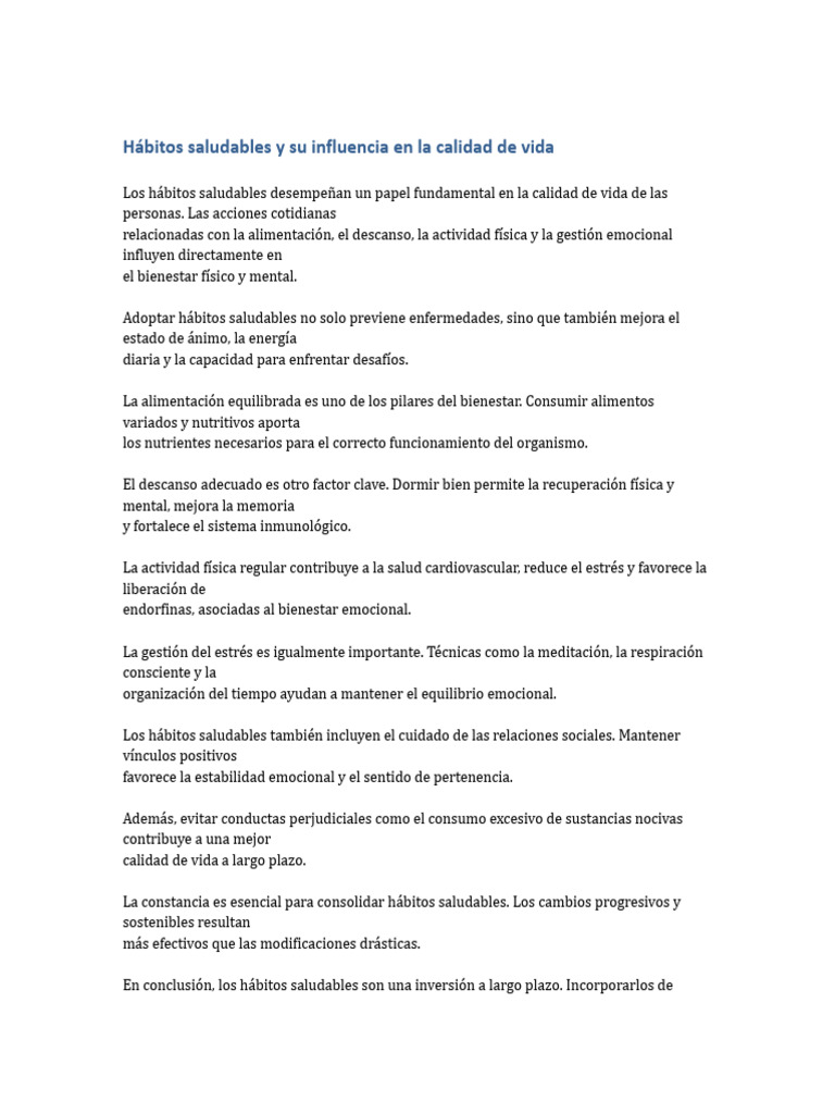 Hábitos Saludables y Su Influencia en La Calidad de Vida | PDF | Estrés ...