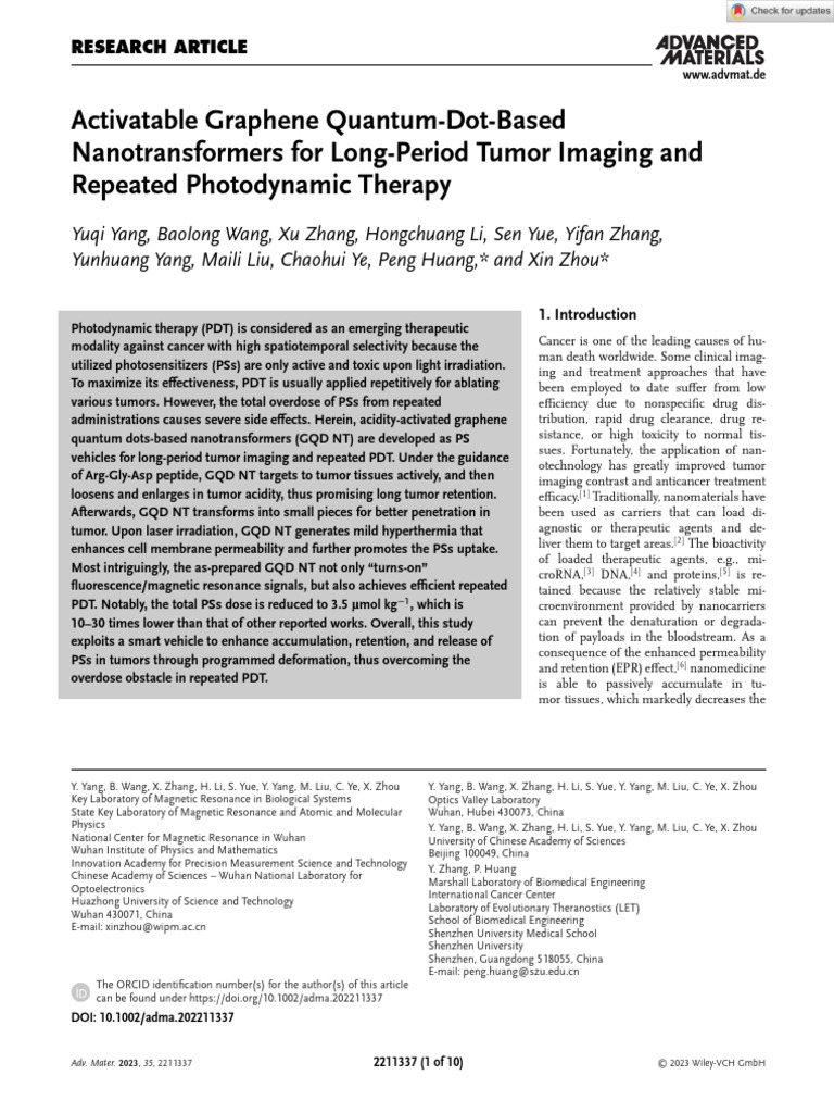 Graphene Quantum Dots for Tumor Imaging | PDF | Applied And ...
