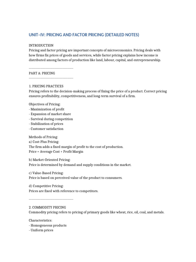 Unit IV Pricing and Factor Pricing Detailed Notes | PDF | Interest ...