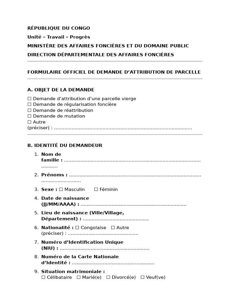 Formulaire de Demande de Parcelle RDC | PDF