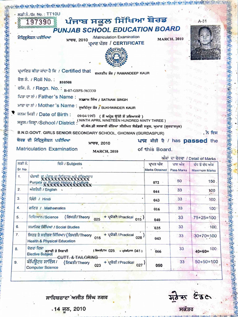 Matriculation Exam Certificate 2010 | PDF