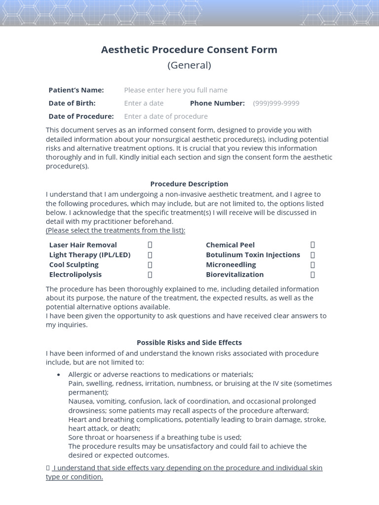 Aesthetic Procedure Consent Form | PDF | Informed Consent | Adverse Effect