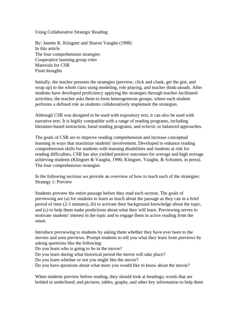 Collaborative Strategic Reading Guide | PDF | Reading Comprehension ...
