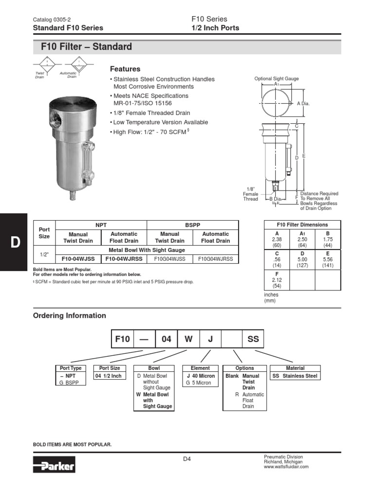 F10 Series Pneumatic Air Filters | PDF | Filtration | Pressure