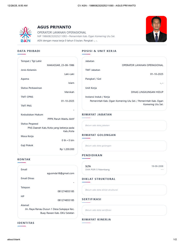 Profil ASN Agus Priyanto 2023 | PDF