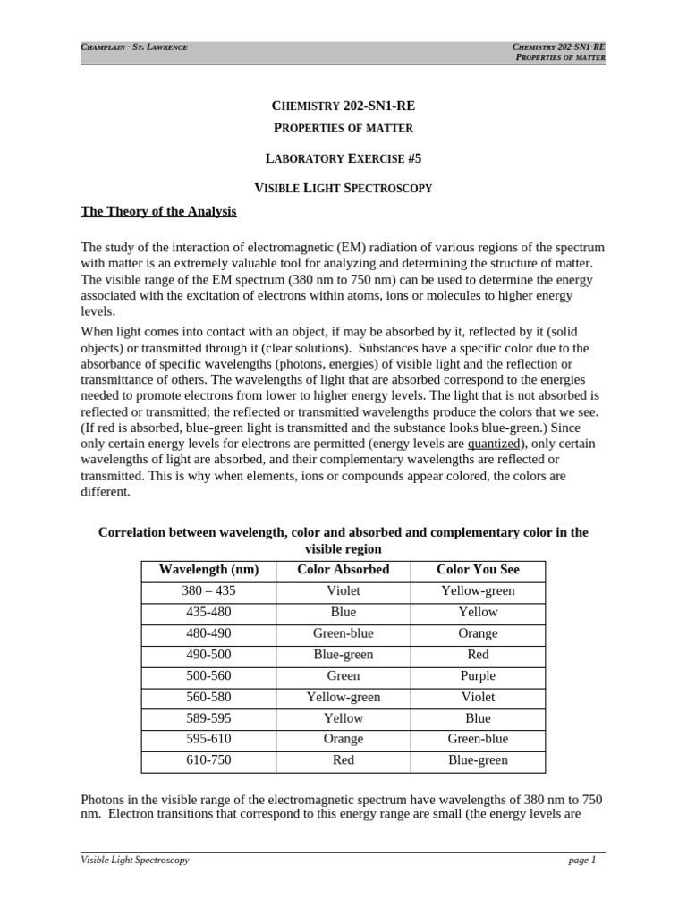 Visible Light Spectroscopy Lab Guide | PDF | Color | Electromagnetic ...