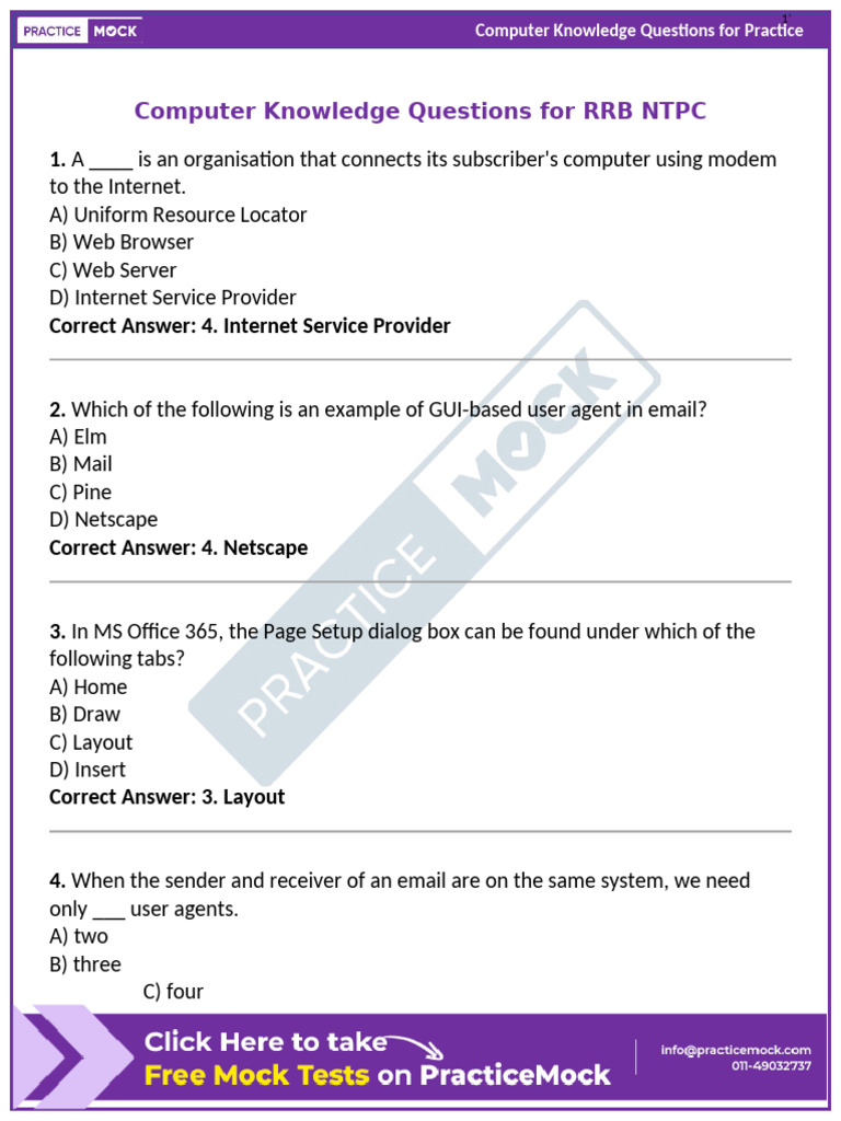Computer Knowledge Questions For RRB NTPC | PDF | Computer Data Storage ...