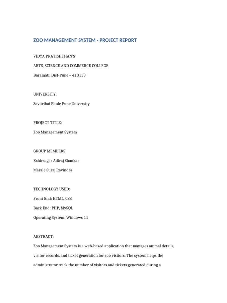 Zoo Management System Project Report | PDF