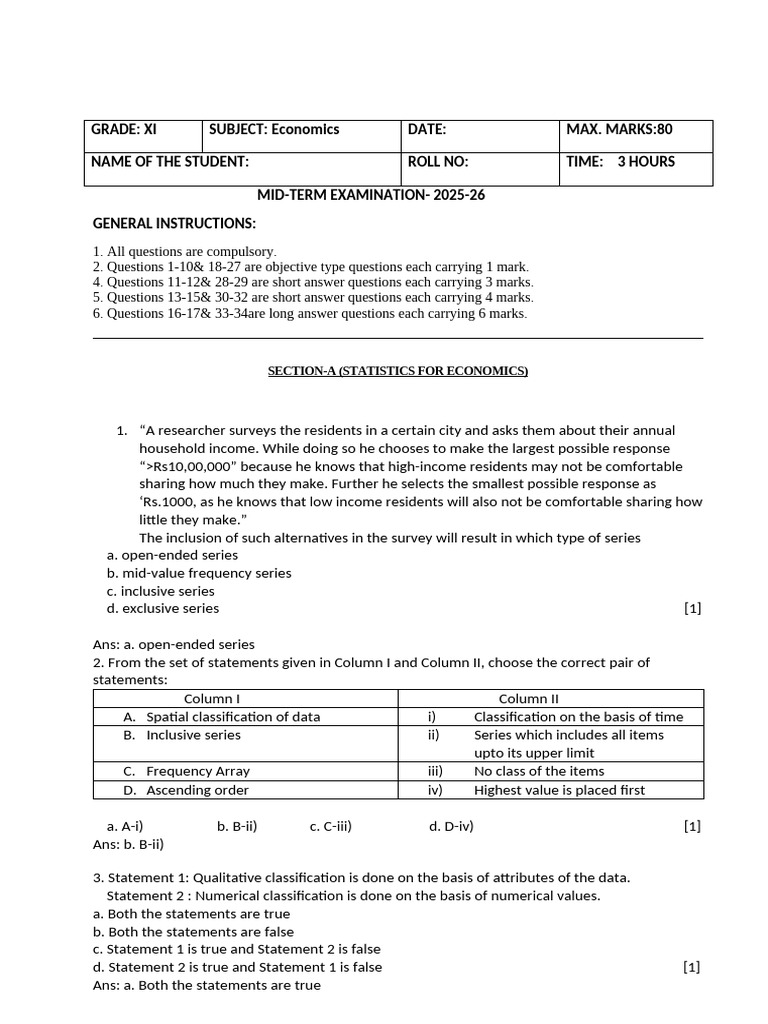 XI Economics Mid-Term Exam Paper 2025-26 | PDF | Demand | Elasticity ...