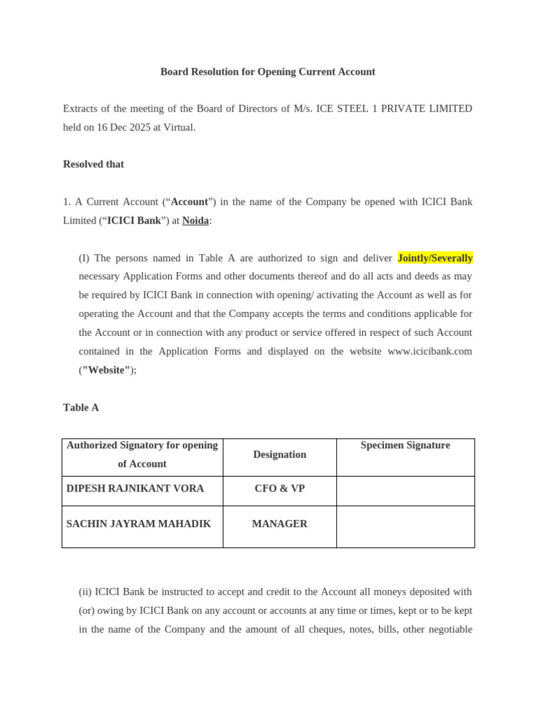 Latest - Board Resolution For Opening Current Account | PDF ...