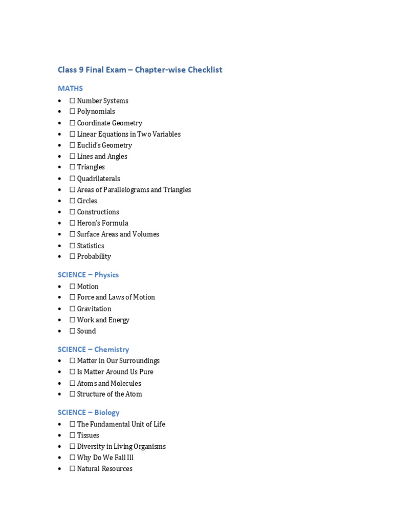Class 9 Exam Chapter Checklist | PDF