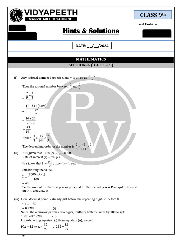 ICSE Class 9 Mathematics Test Solutions | PDF | Numbers | Rational Number