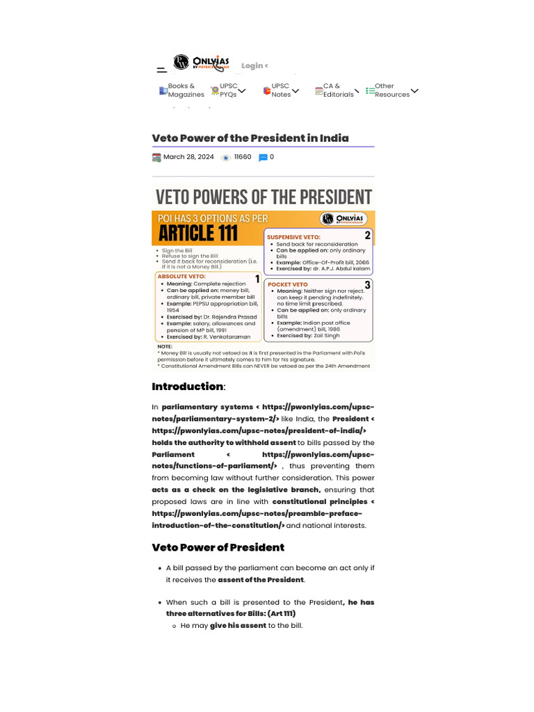 Veto Power of the Indian President | PDF | Veto | Bill (Law)