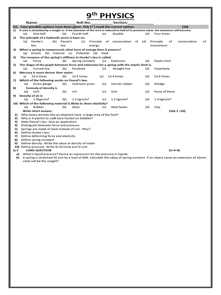 9th Grade Physics Quiz and Answers | PDF | Elasticity (Physics) | Mechanics