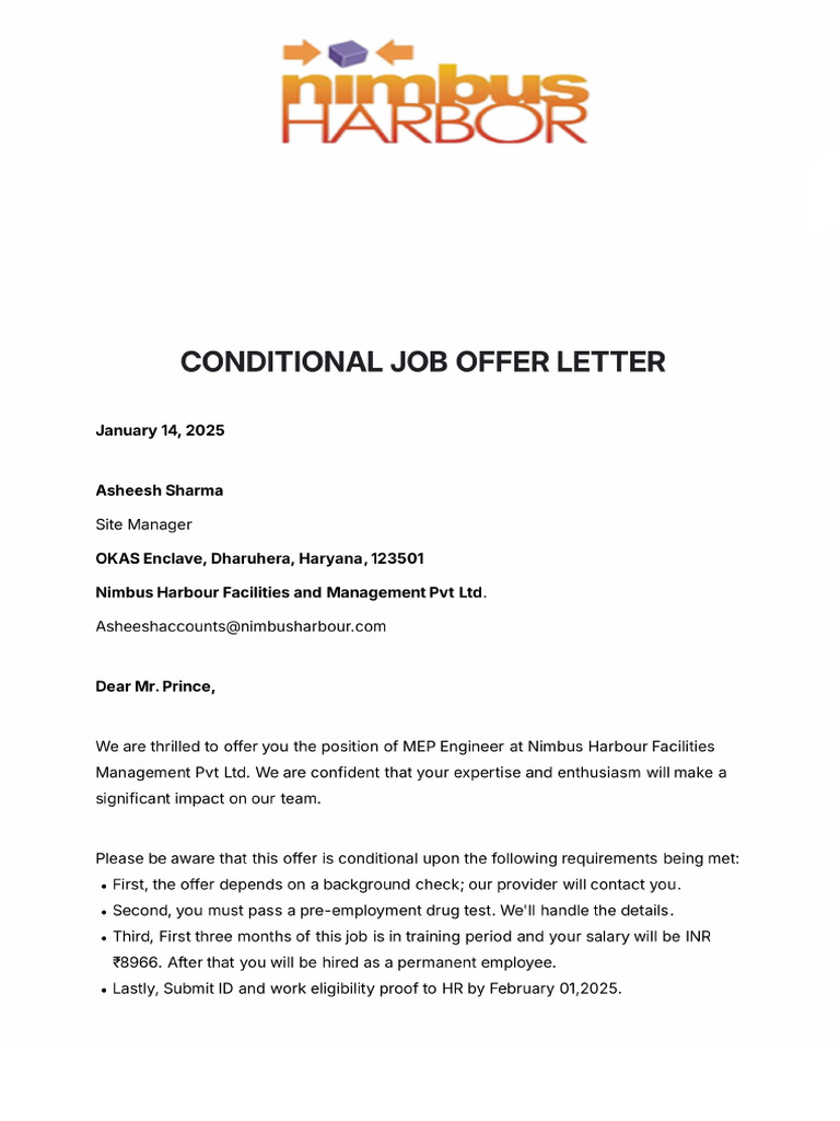 Conditional Job Offer Letter Nimbus | PDF