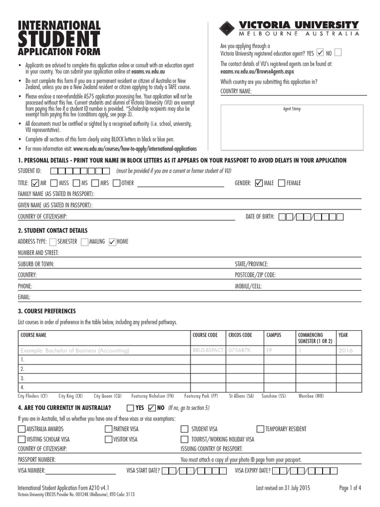 International Student Application Form | PDF | Cost Of Living | Credit Card