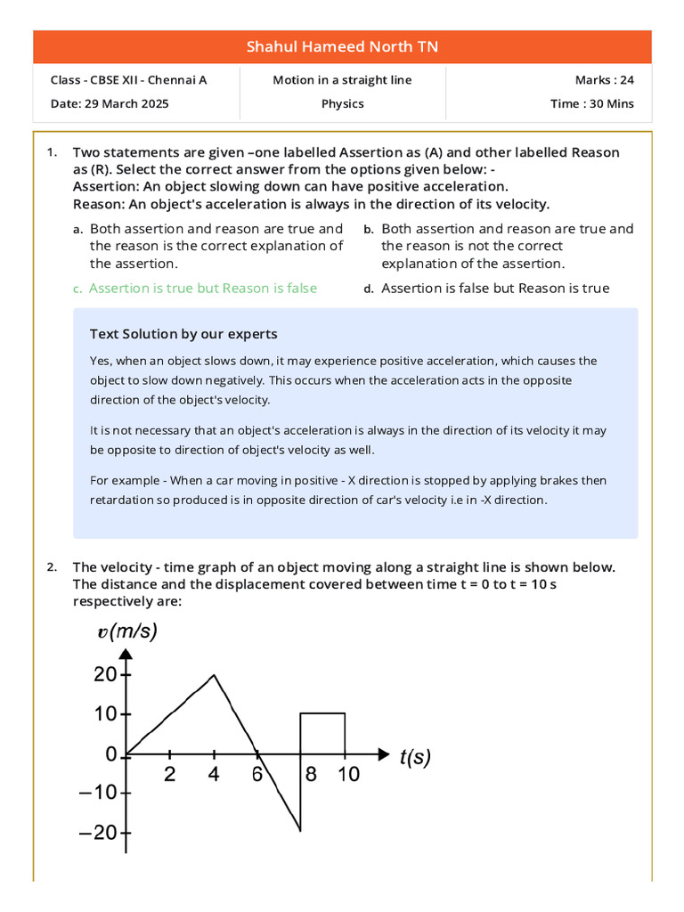 Physics Motion in a Straight Line Exam | PDF | Velocity | Acceleration