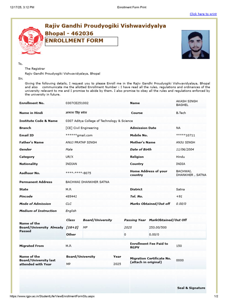 RGPV Bhopal Enrollment Form Details | PDF