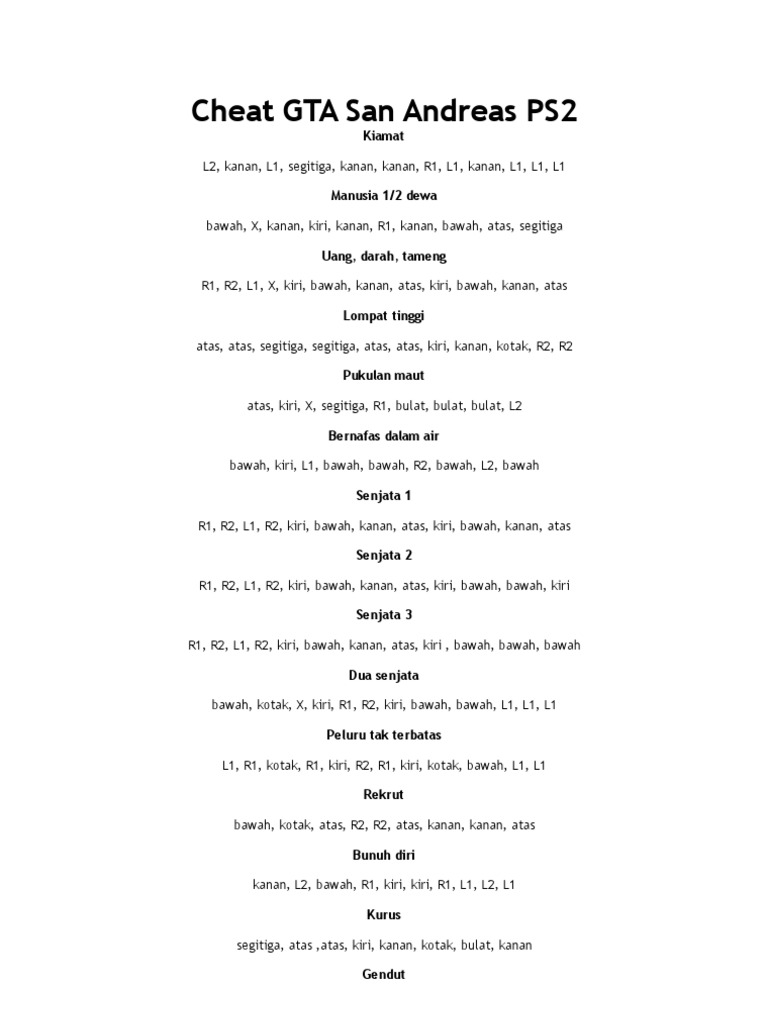 Cheat GTA San Andreas PS2 | PDF