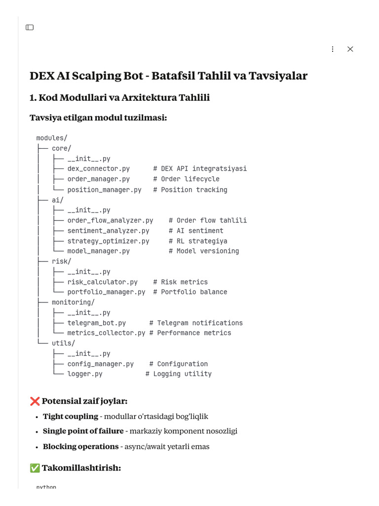 DEX AI Scalping Bot: Tahlil va Tavsiyalar | PDF | Computing