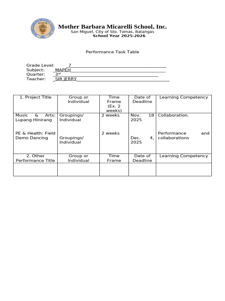 Grade 7 MAPEH Performance Tasks 2025-2026 | PDF
