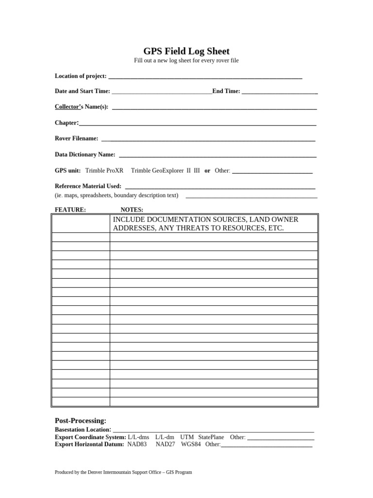 GPS Field Log Sheet Template | PDF