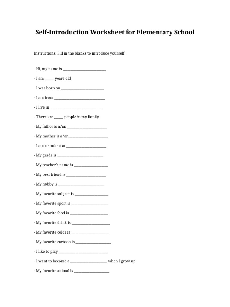 Elementary School Self-Introduction Worksheet | PDF