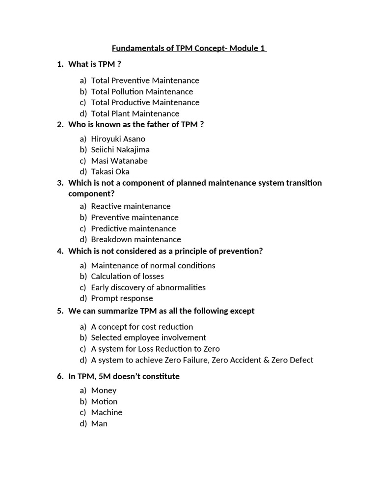 Quiz Questions TPM Module 1 | PDF