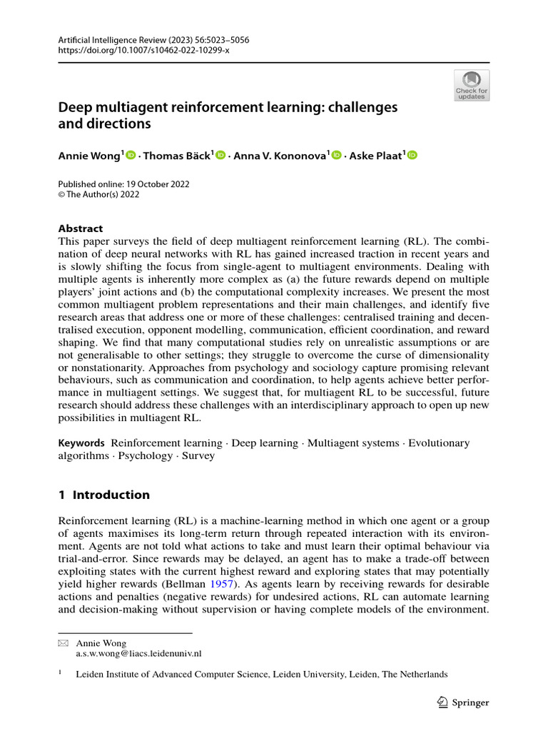 Deep Multiagent Reinforcement Learning: Challenges and Directions | PDF ...