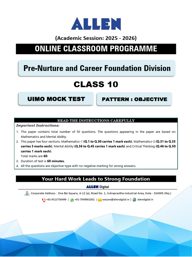 Class 10 UIMO Mock Test Instructions | PDF | Angle | Square Root