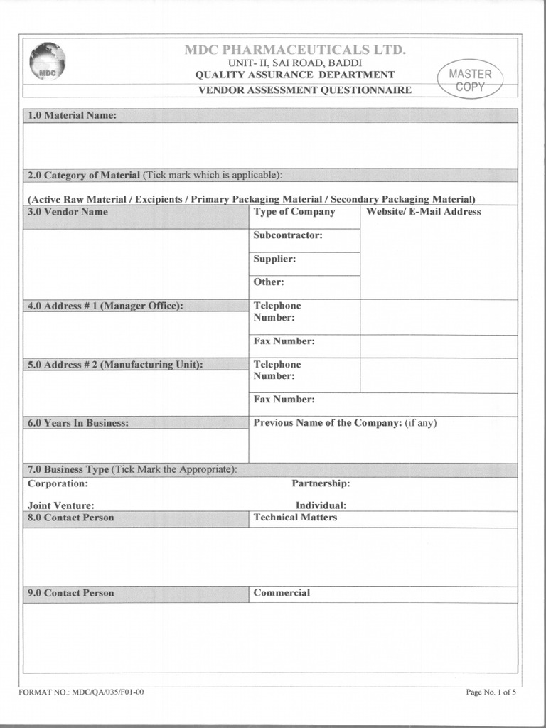 MDC QA 035 F01 Manufacturer Questionaire | PDF