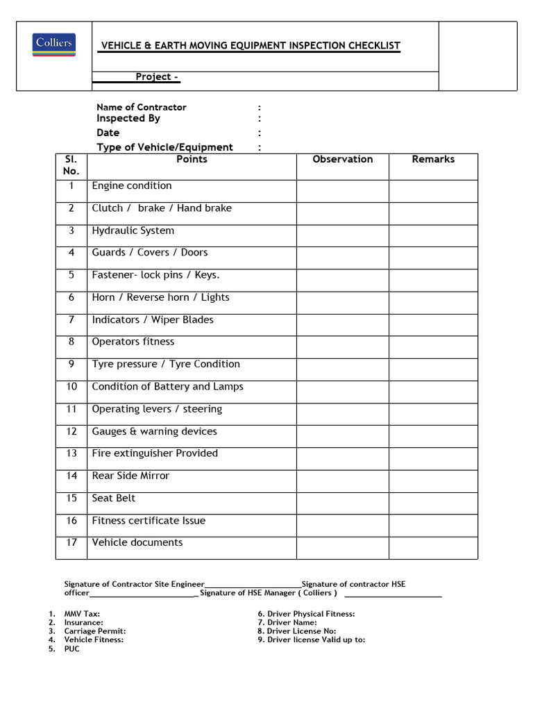Vehicle Equipment Inspection Checklist | PDF