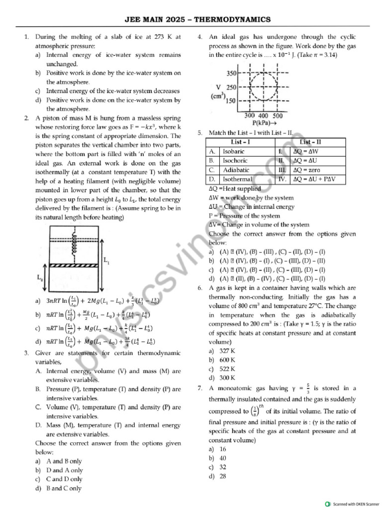 Thermodynamics JEE 2025 QP With Solutions - Watermark | PDF