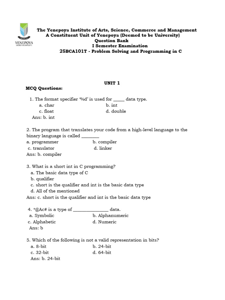 C Programming Question Bank for Exams | PDF | Pointer (Computer ...