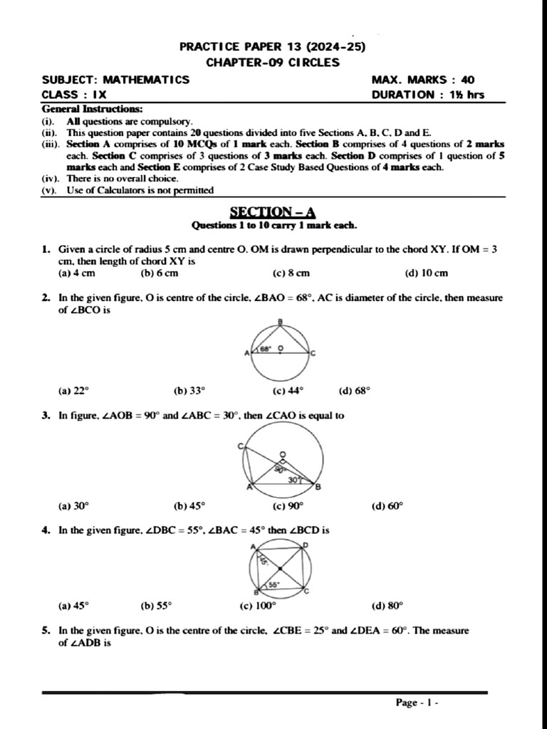 Class IX Mathematics Practice Paper | PDF | Circle | Classical Geometry